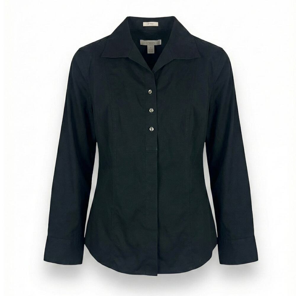 Chico's Women's M Minimalist Career Old Money Rhinestone No Iron Button Shirt